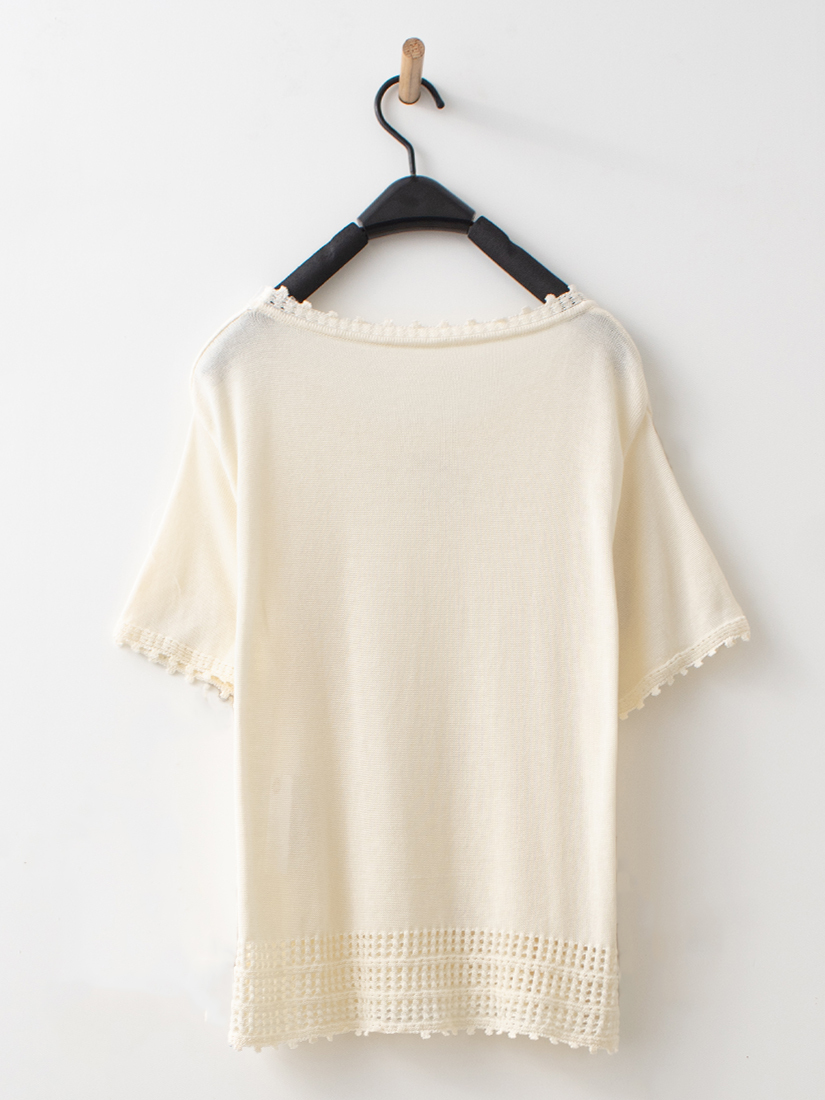天絲棉下擺簍空緹花流蘇短袖針織上衣