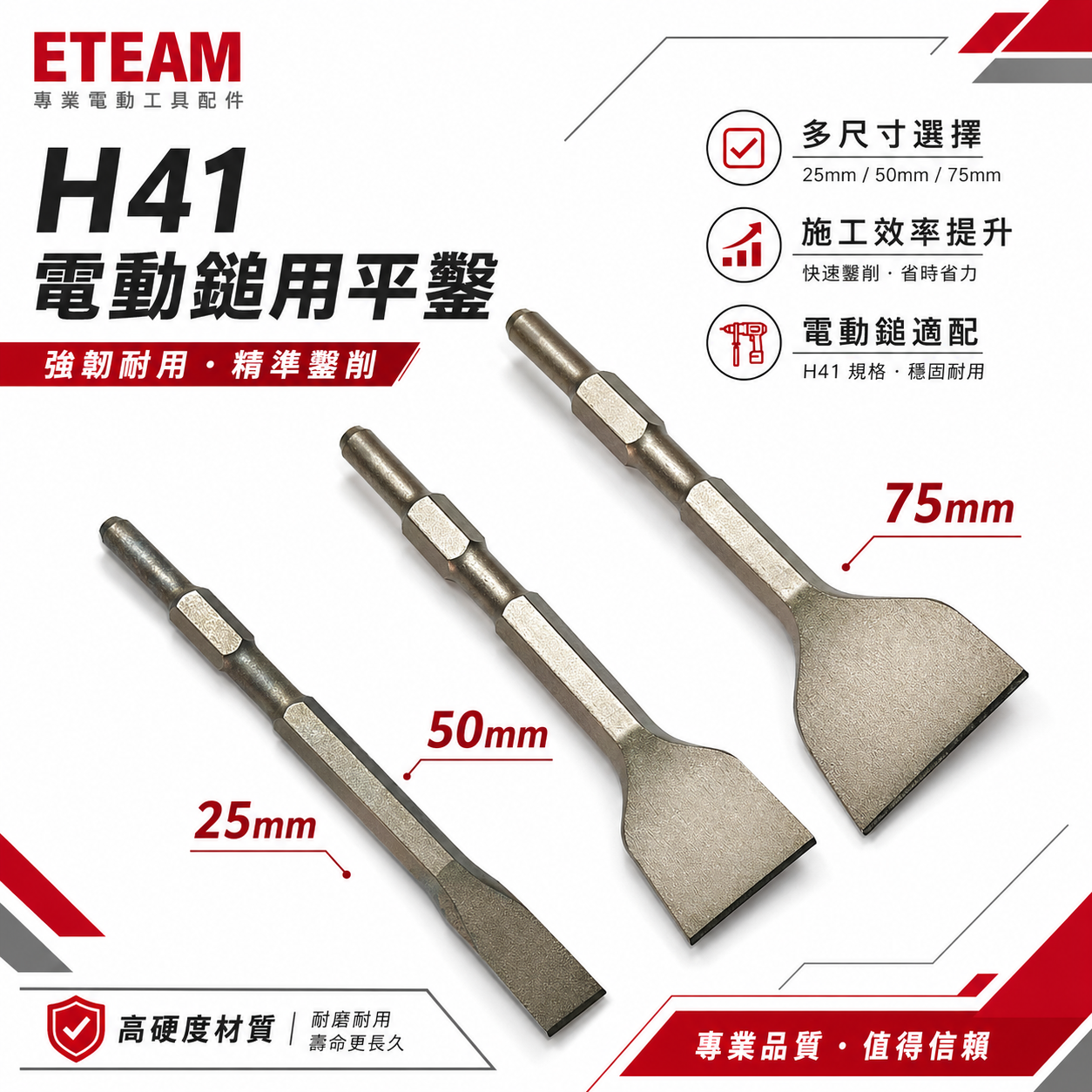 ETEAM 一等｜平鑿 25-50-75mm 長 280mm｜H41 0810 電動錘平鉆 電動鎚用平斬子 破碎機平鑿尾