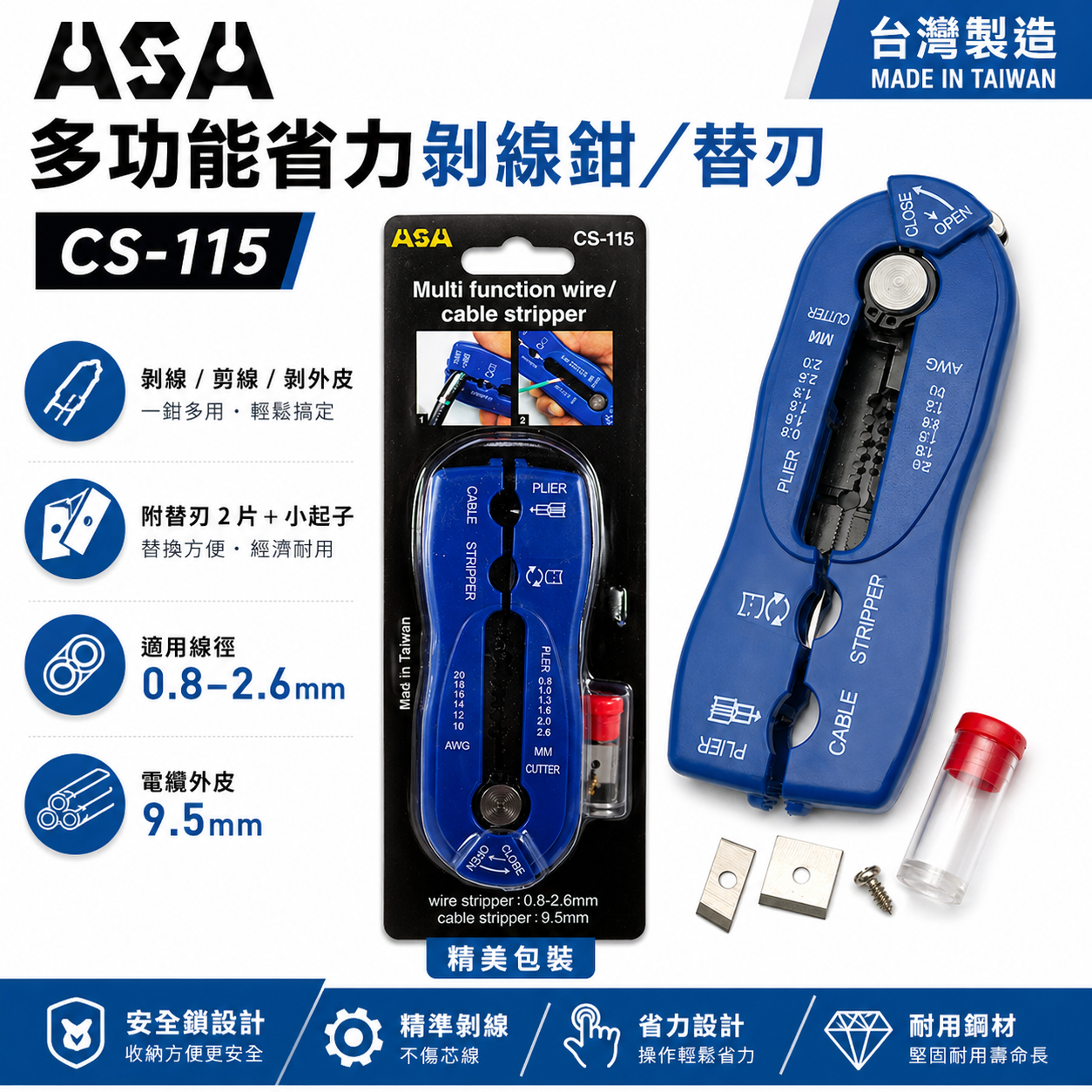 ASA 台灣製｜多功能剝線鉗 剝電纜鉗 剝絕緣皮鉗 剝電線皮 剝皮刀 剪線鉗 撥線鉗｜替換刀片｜CS-115