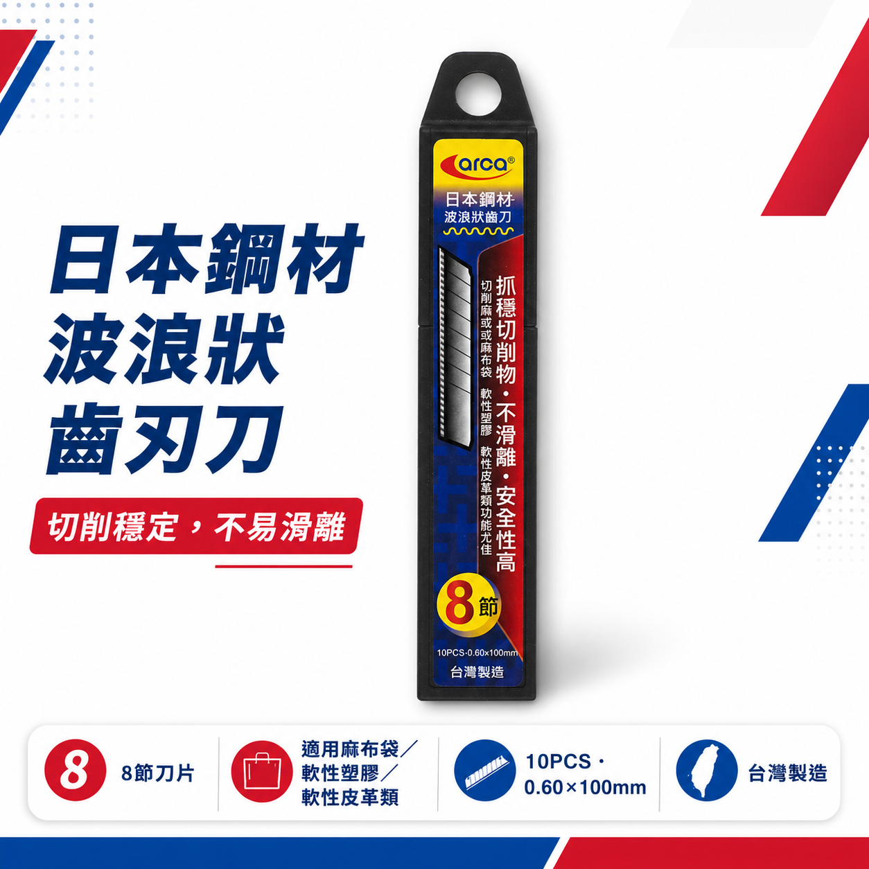 ARCA 亞克 台灣製｜日本鋼材 波浪狀齒刀 鋸齒型美工刀片 18mm寬 抓穩切削物 不滑離 每盒10片｜刀片