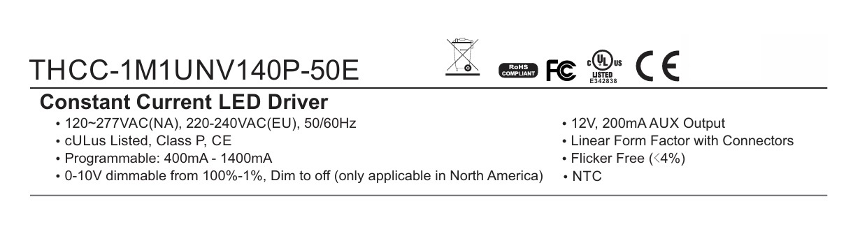 FULHAM THCC-1M1UNV140P-50E 0-10V 恆定電流 12-55VDC 可程式 400-1400MA 50W