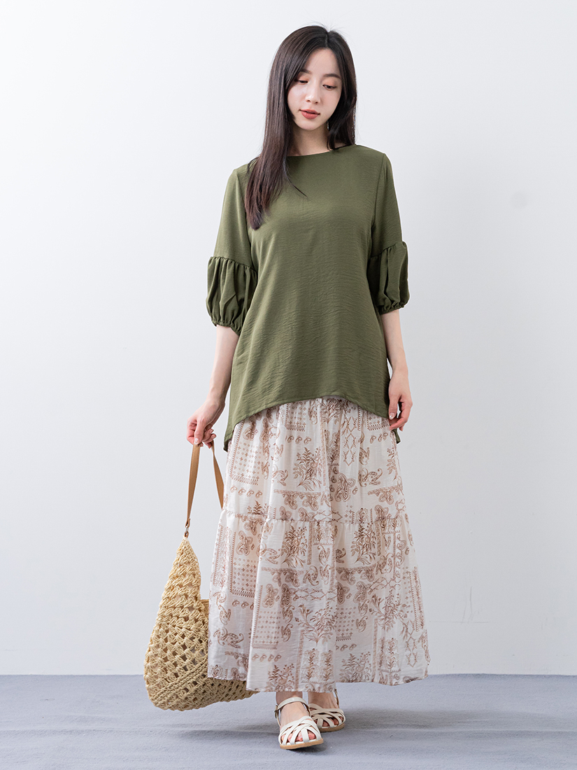 燈籠袖顯瘦上衣天絲棉麻層次蛋糕裙組合