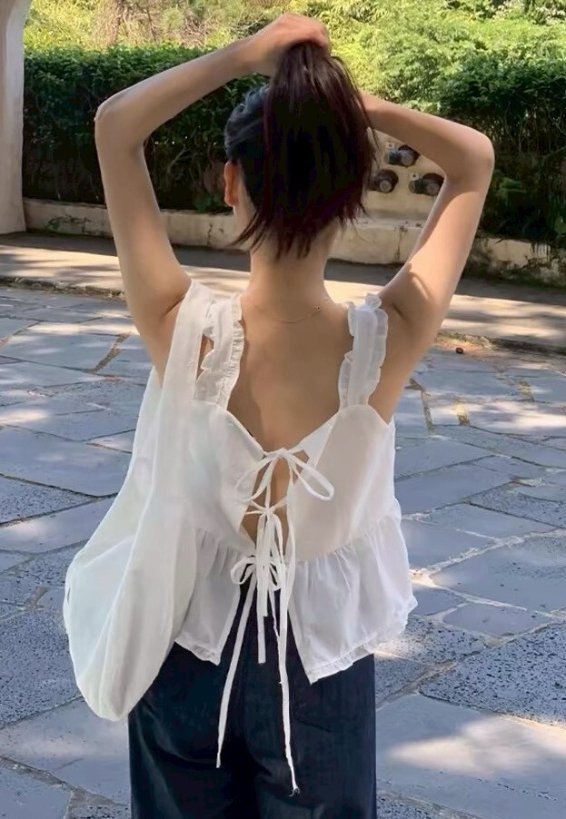 雙面穿綁帶荷葉邊背心