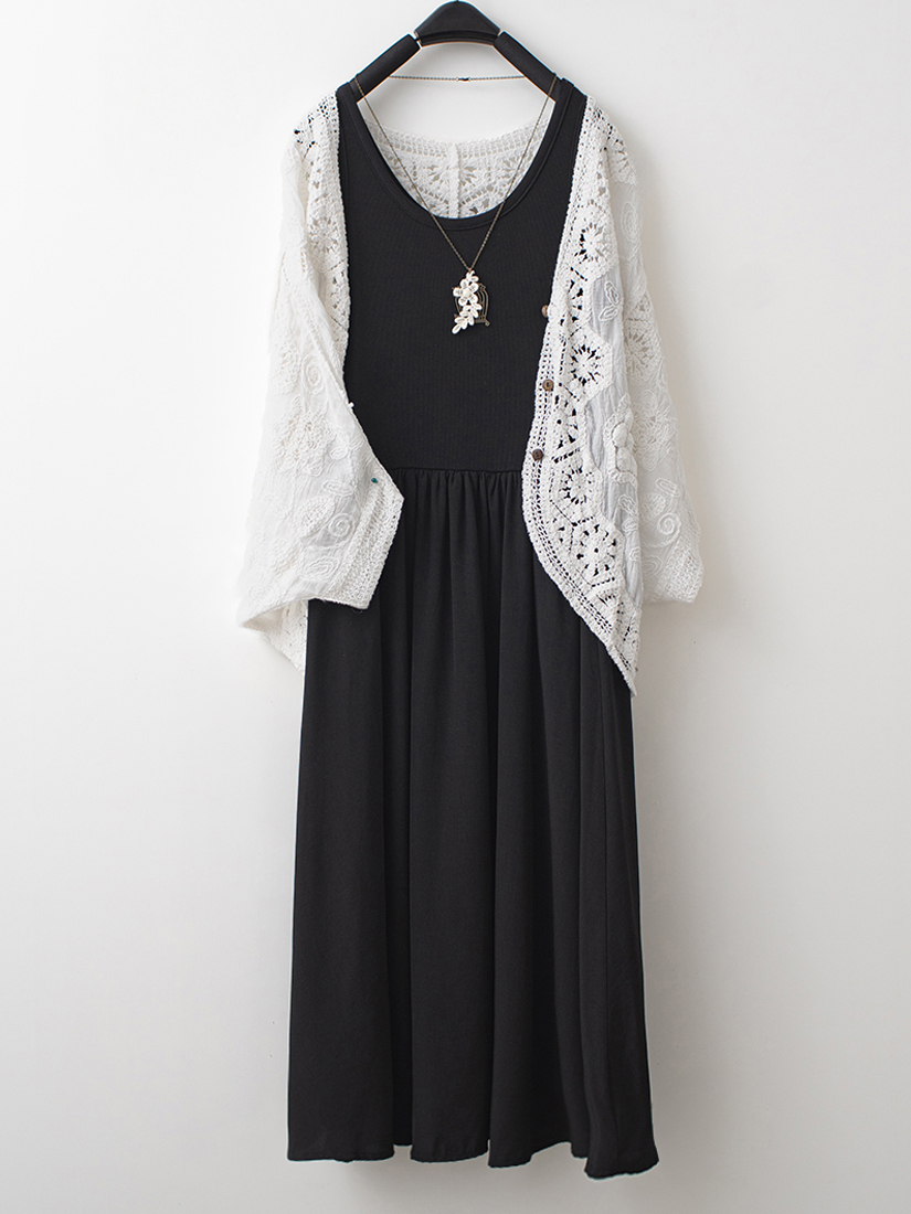 繡花連袖罩衫羅紋剪接背心連身洋裝組合