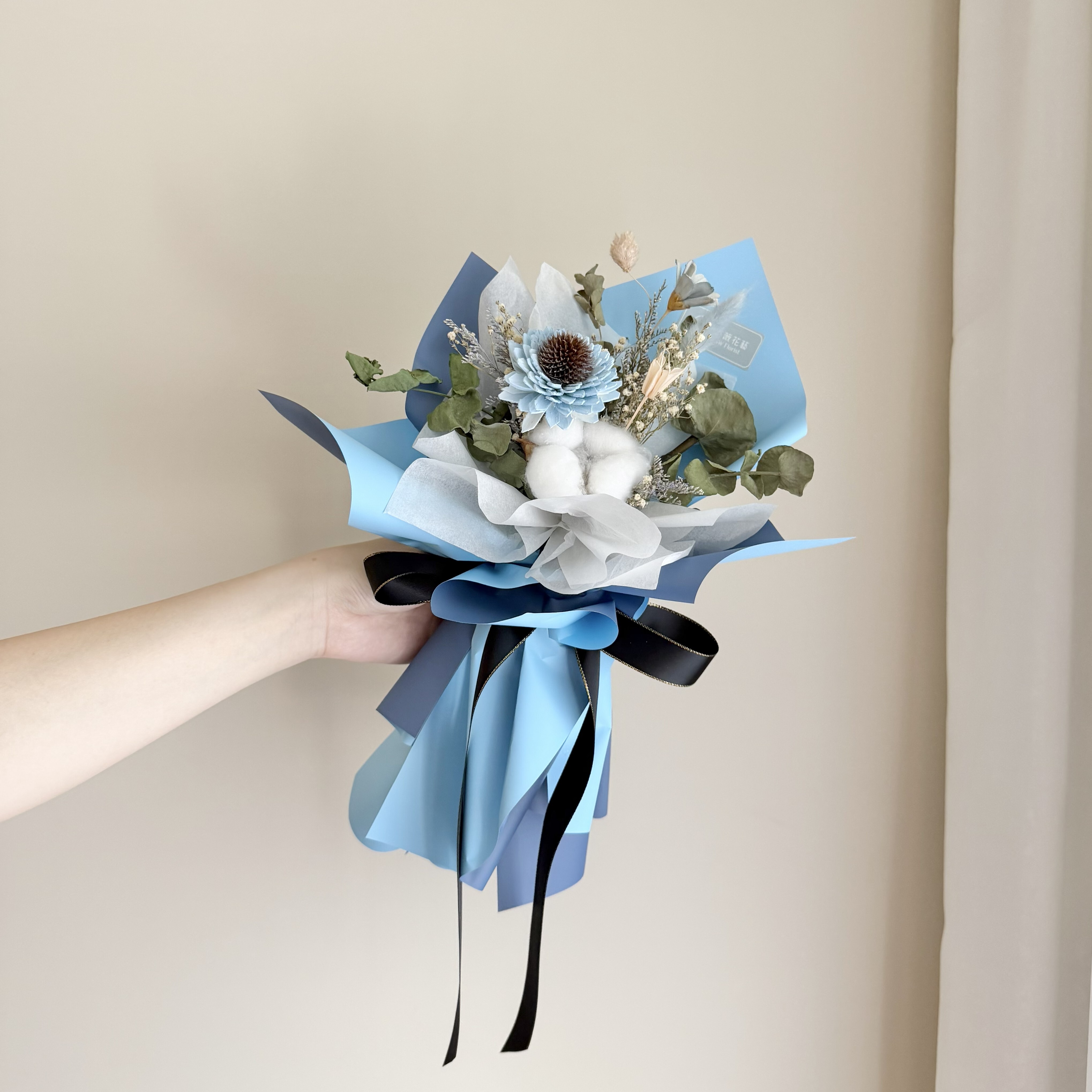乾燥花束(藍色系/小型)【雙色包裝】｜畢業花束、謝師花束、索拉向日葵