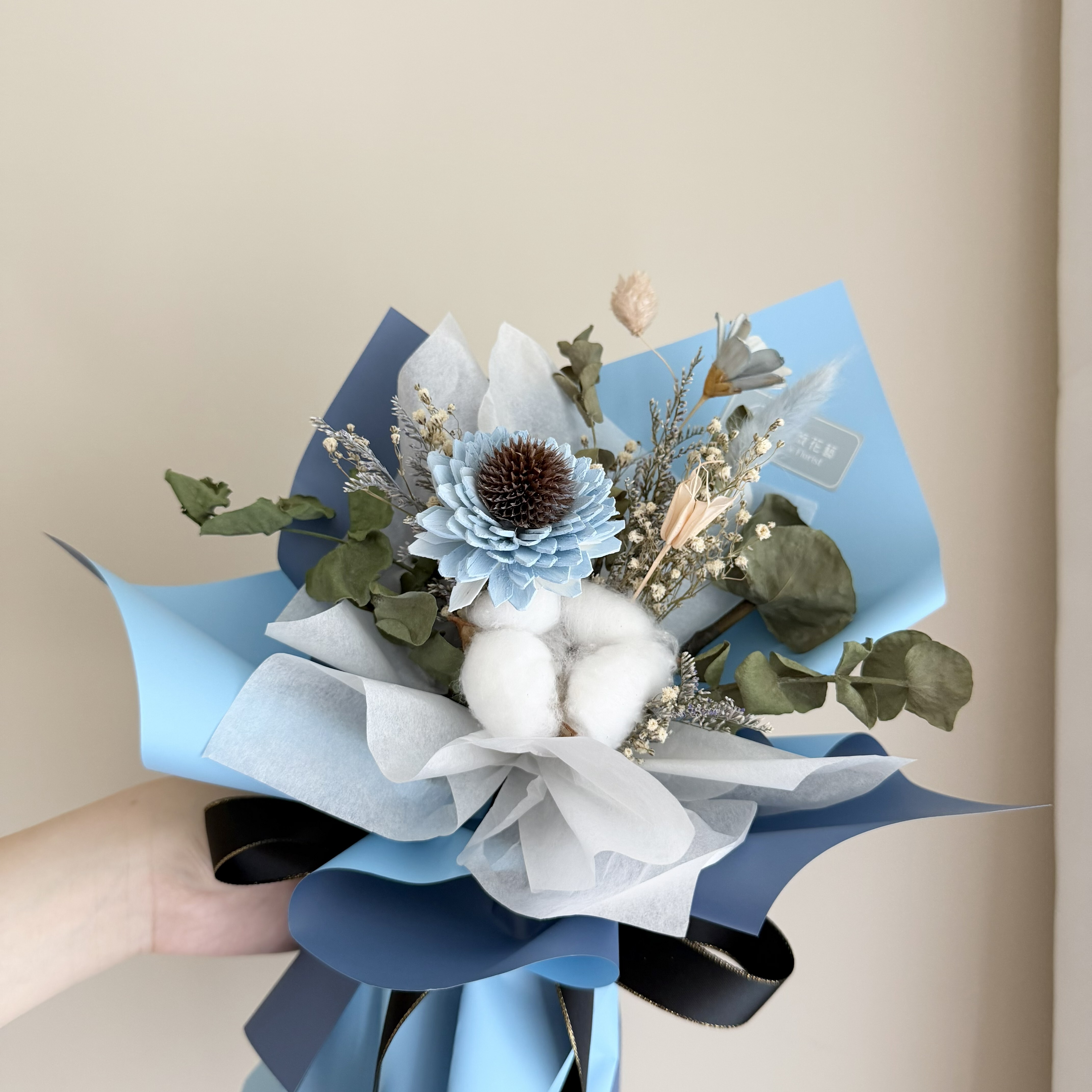 乾燥花束(藍色系/小型)【雙色包裝】｜畢業花束、謝師花束、索拉向日葵