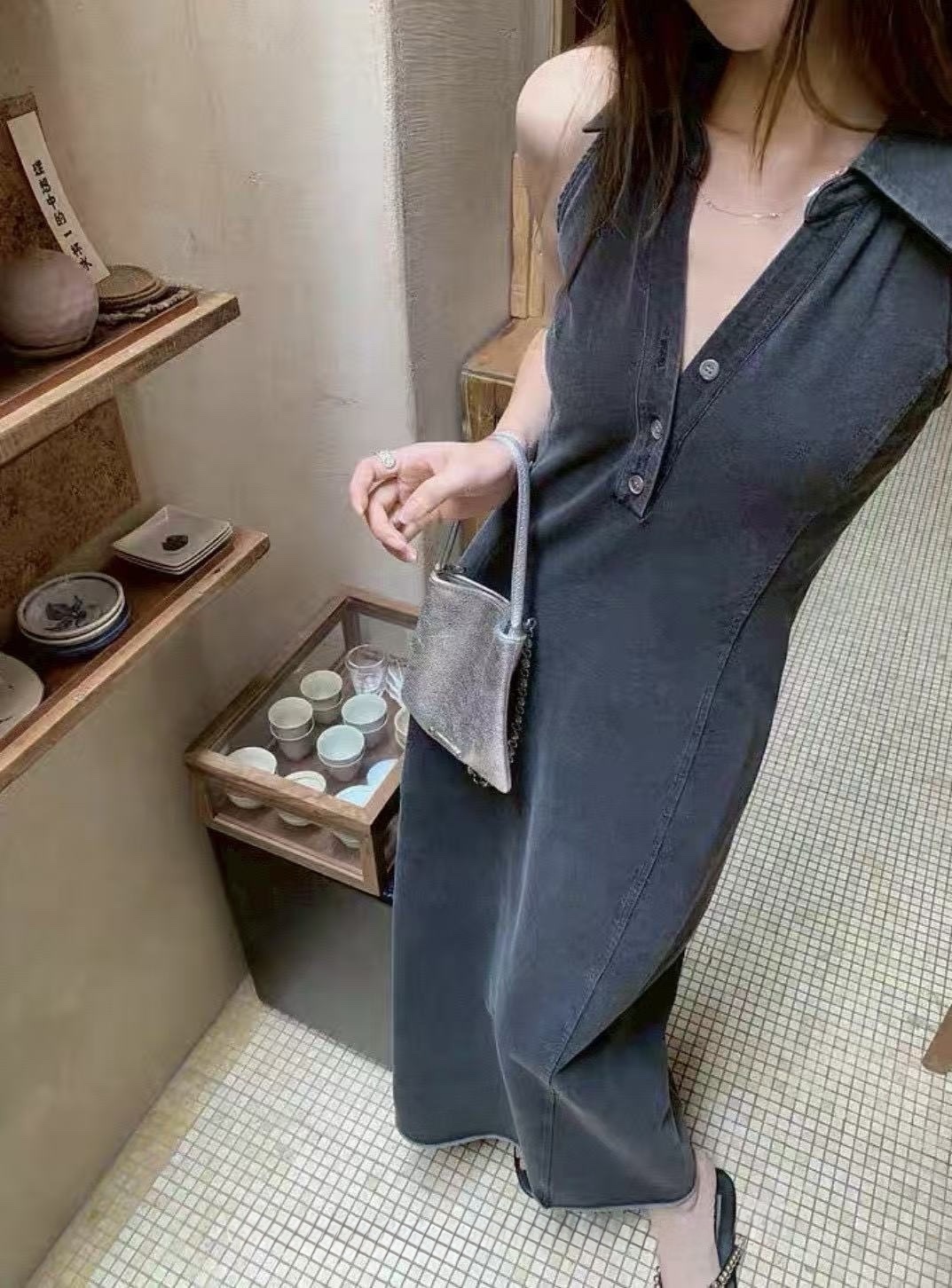 985 小性感翻領水洗長洋