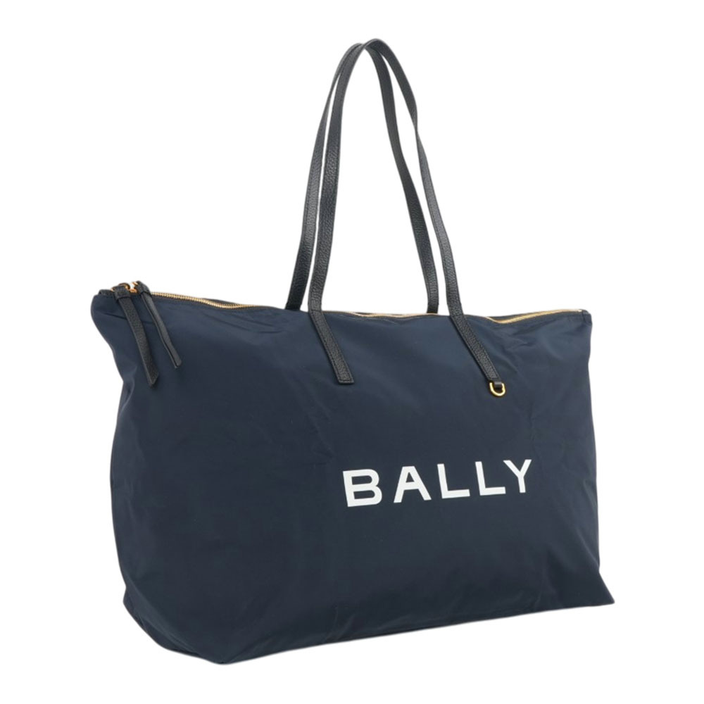 【Bally】白字Logo 尼龍帆布可折疊大款托特包(附收納袋)(午夜藍)