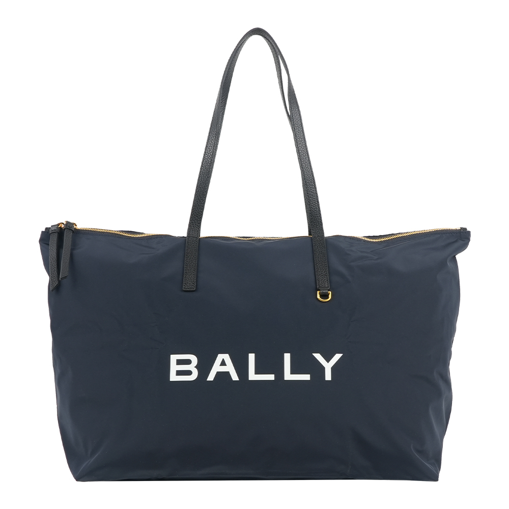 【Bally】白字Logo 尼龍帆布可折疊大款托特包(附收納袋)(午夜藍)