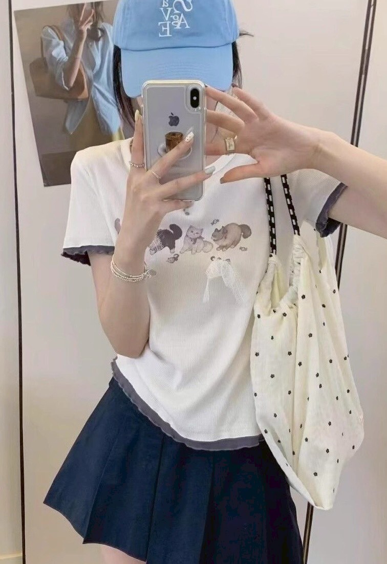 雙色捲邊貓咪蝴蝶結棉質衣