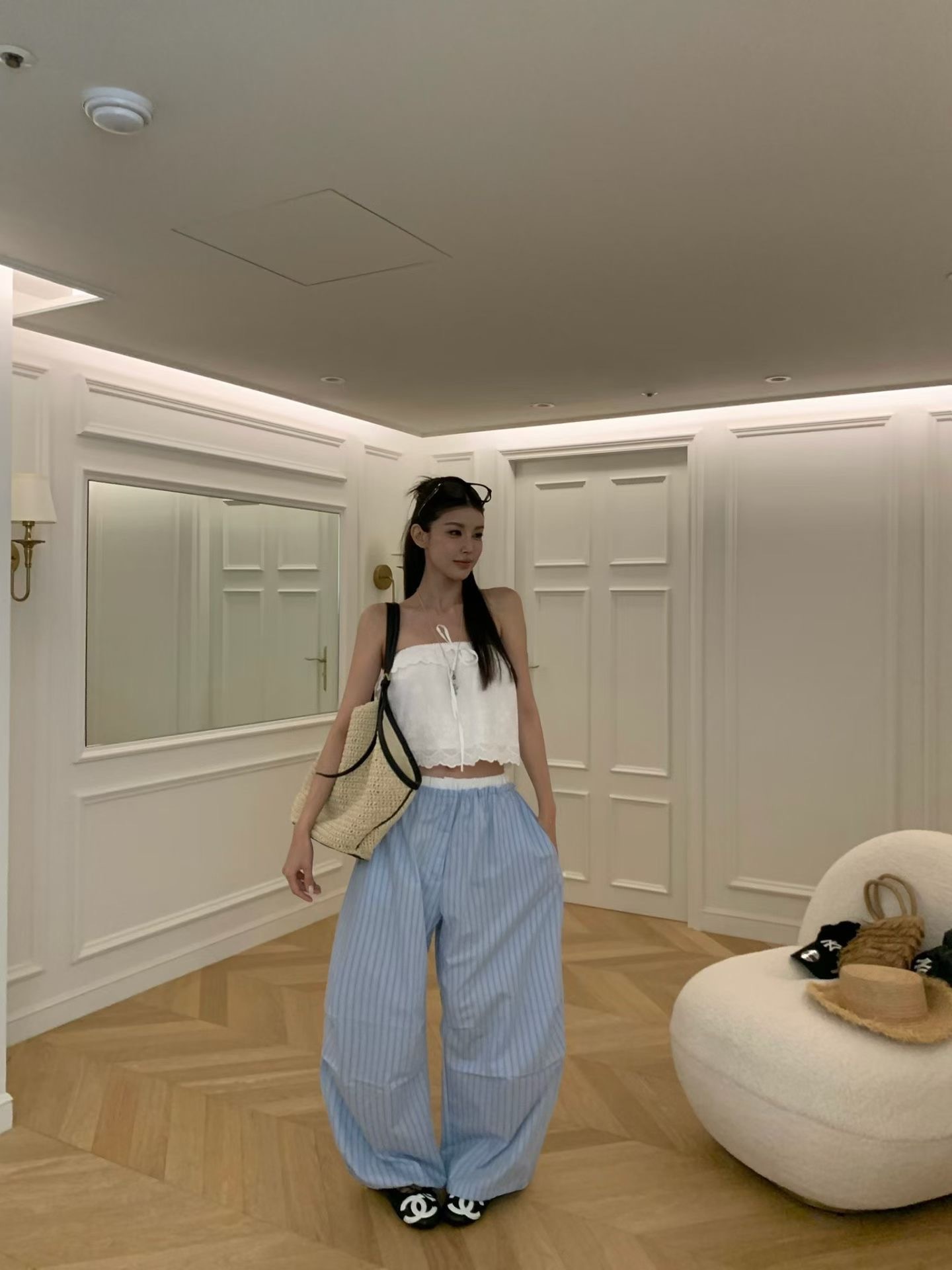 🇰🇷(預購)#AP02 夏天要有的拼接條紋褲(黑/深藍/淺藍)