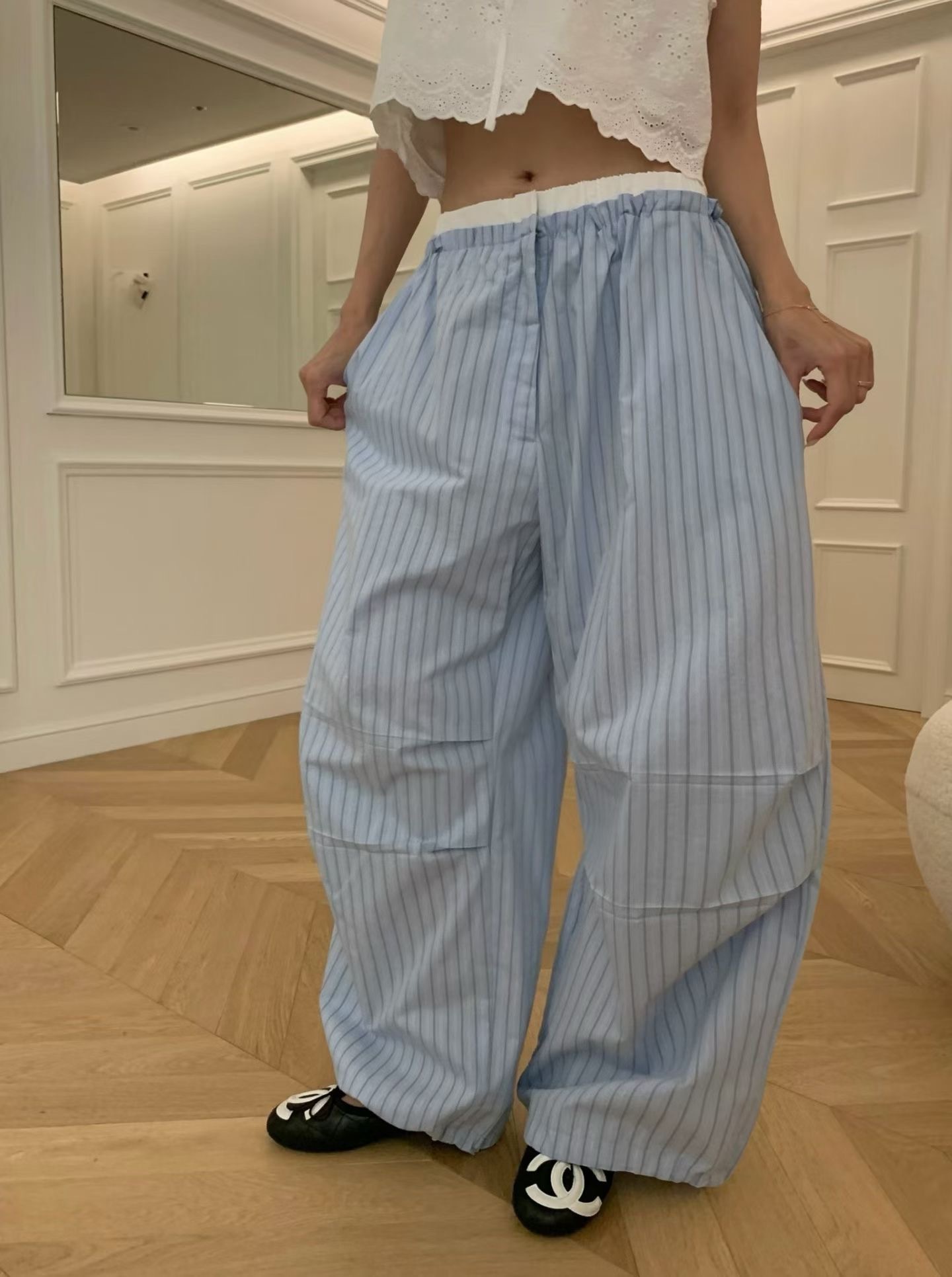 🇰🇷(預購)#AP02 夏天要有的拼接條紋褲(黑/深藍/淺藍)