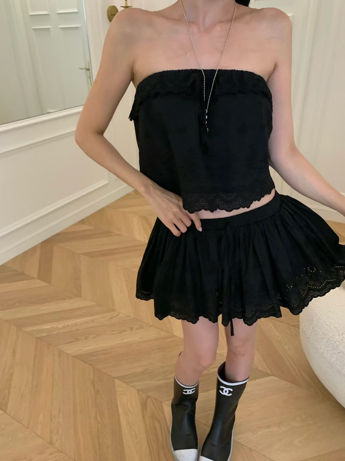 🇰🇷(預購)#AP08 可可愛愛提花褲裙(黑/白)