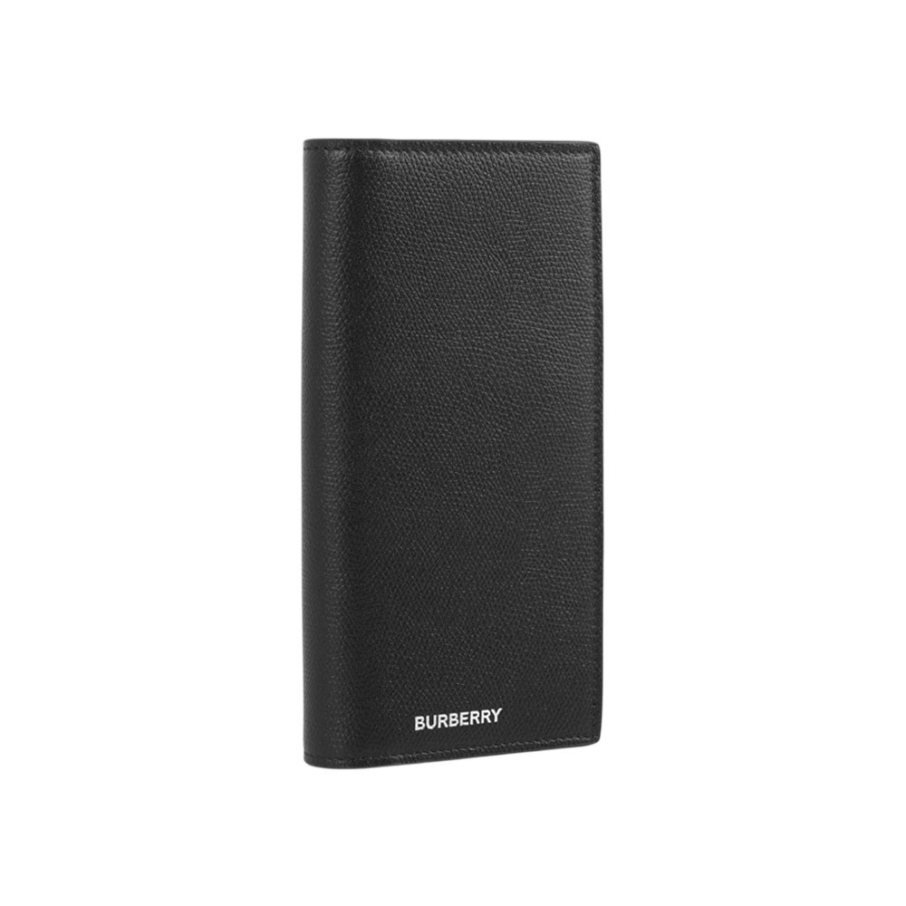 【Burberry】銀字燙印Logo 牛皮內拼格紋二折長夾(黑色)