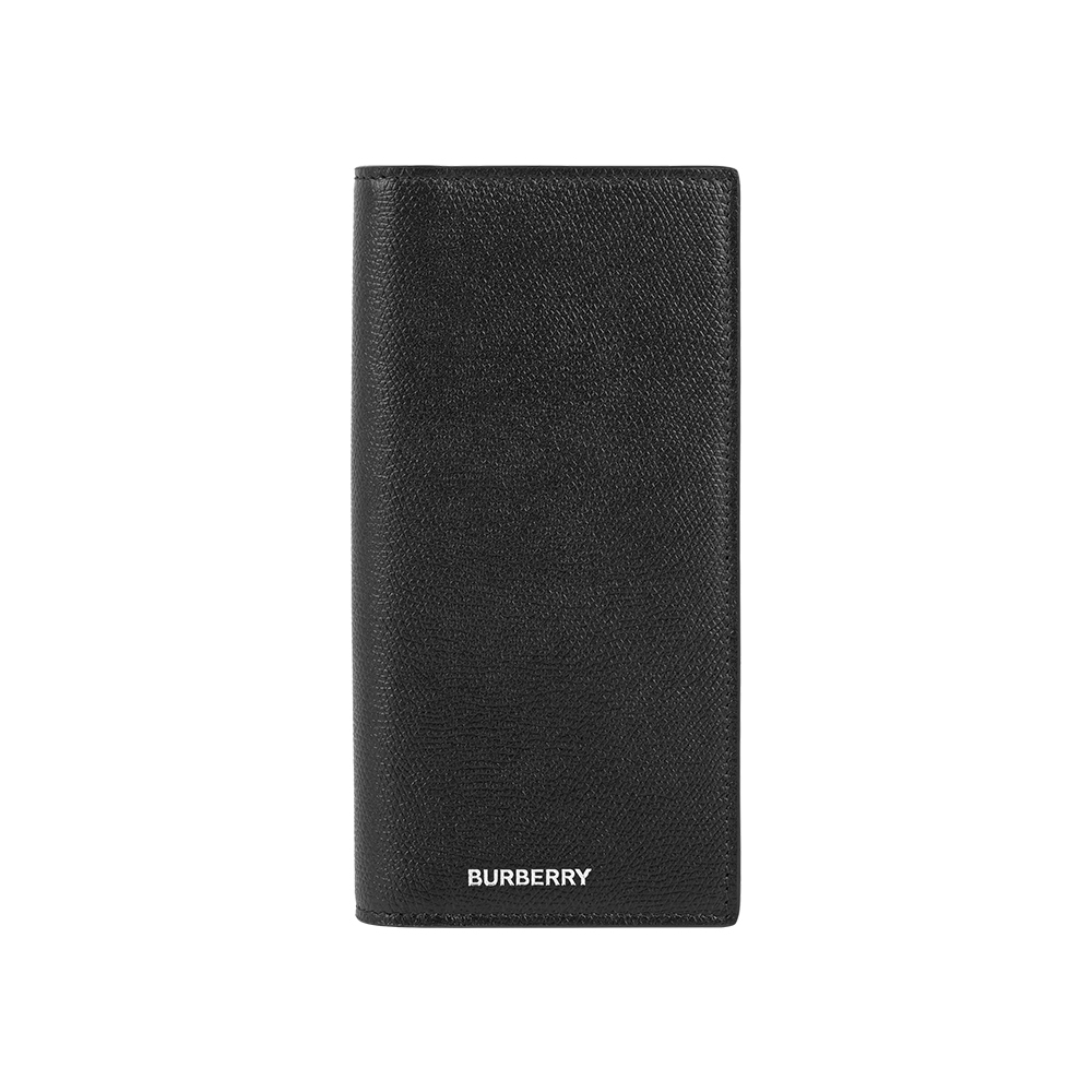 【Burberry】銀字燙印Logo 牛皮內拼格紋二折長夾(黑色)