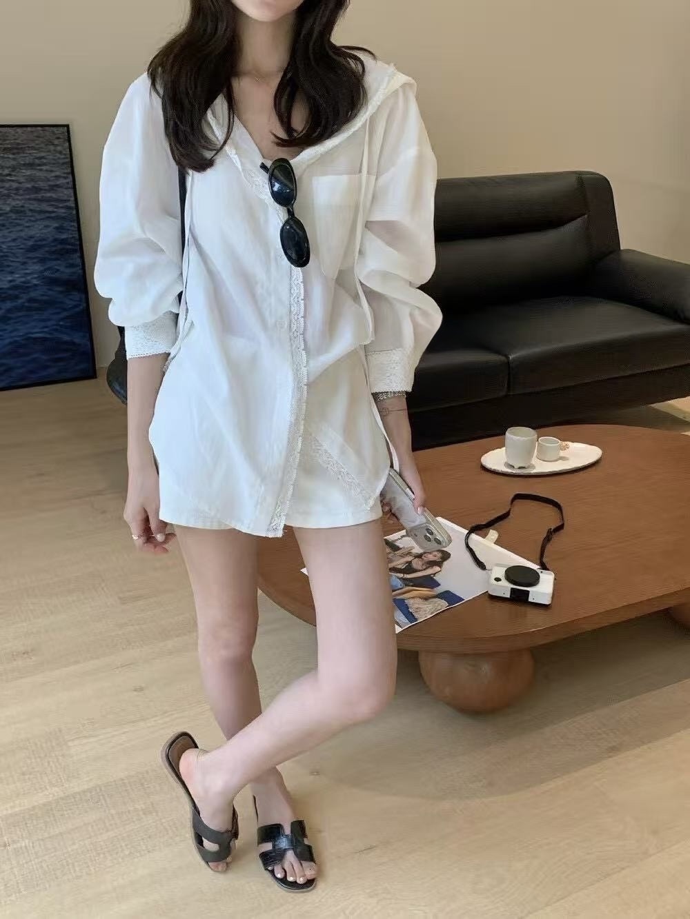 102 連帽拼接蕾絲防曬襯衫上衣