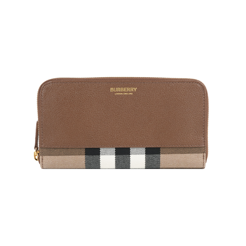 【Burberry】牛皮及格紋帆布飾邊ㄇ形拉鍊長夾(土棕色)