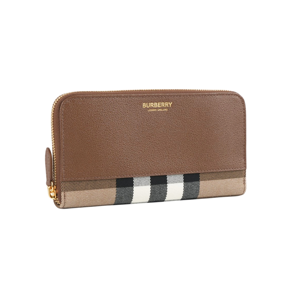 【Burberry】牛皮及格紋帆布飾邊ㄇ形拉鍊長夾(土棕色)