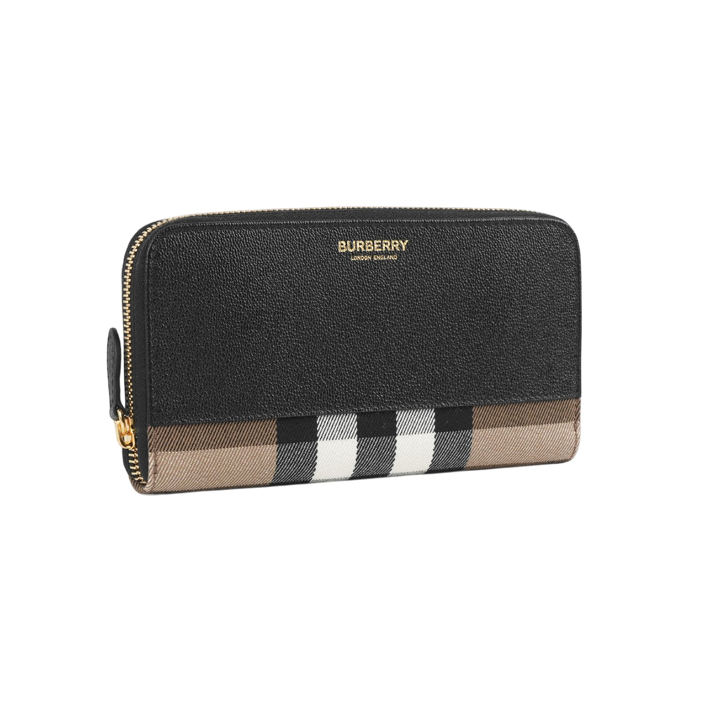 【Burberry】牛皮及格紋帆布飾邊ㄇ形拉鍊長夾(黑色)