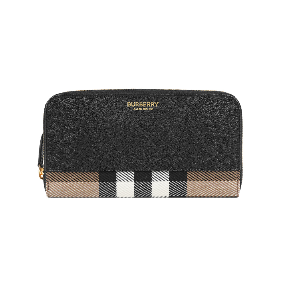 【Burberry】牛皮及格紋帆布飾邊ㄇ形拉鍊長夾(黑色)