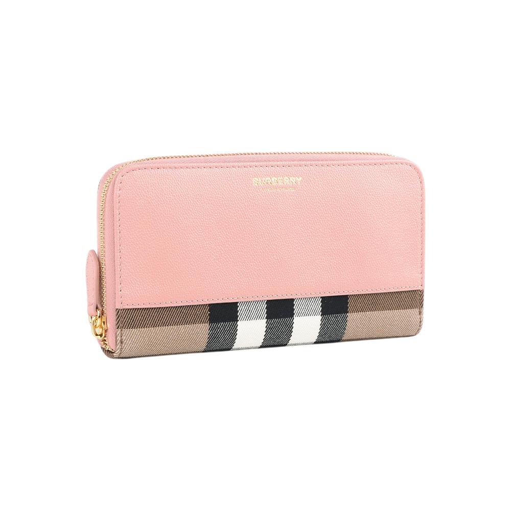 【Burberry】牛皮及格紋帆布飾邊ㄇ形拉鍊長夾(灰粉色)