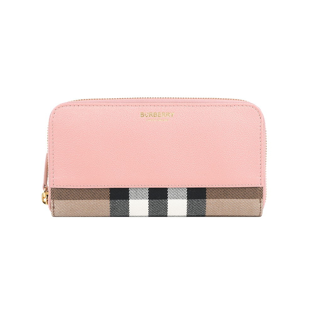 【Burberry】牛皮及格紋帆布飾邊ㄇ形拉鍊長夾(灰粉色)