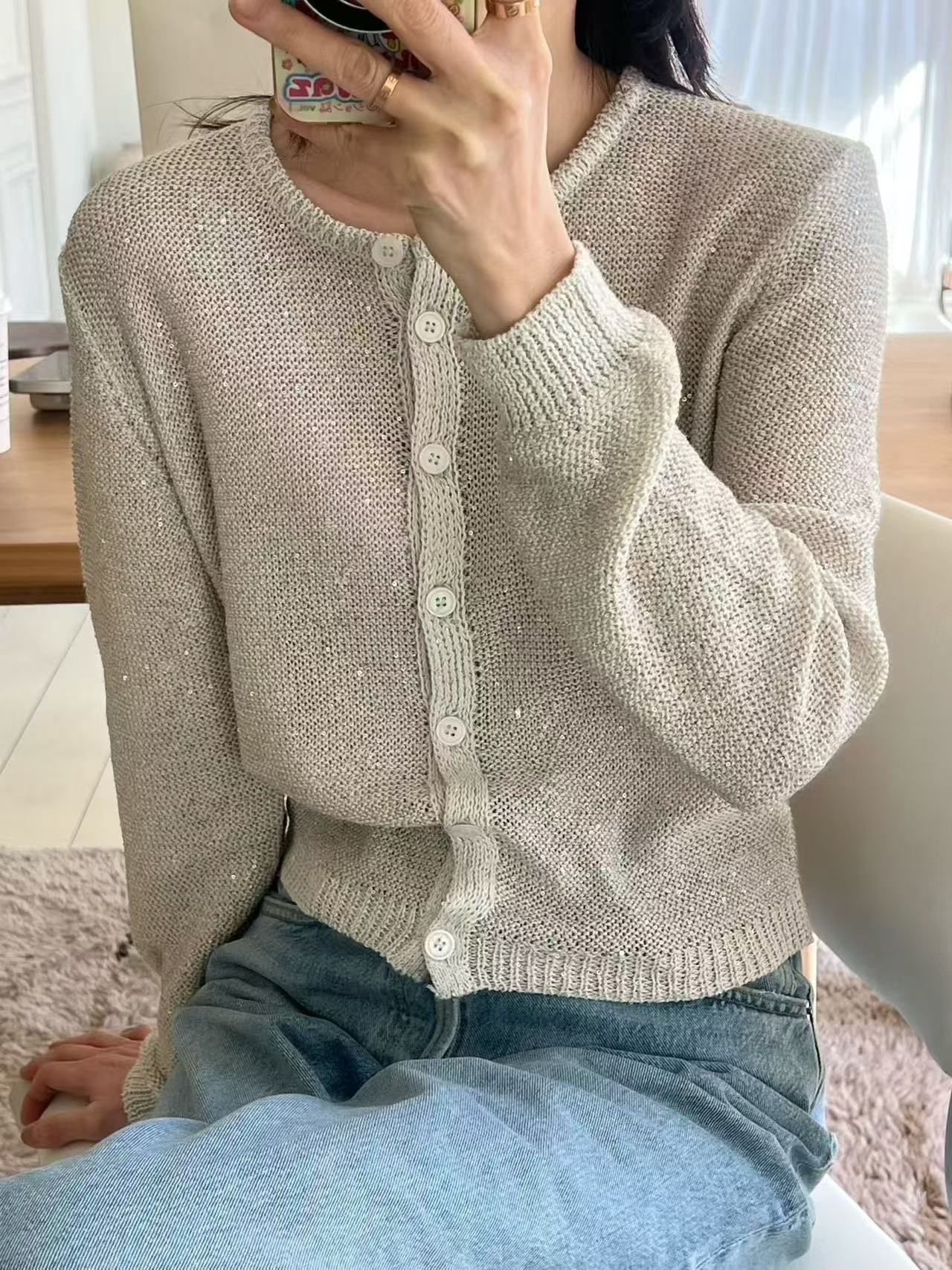 016 正韓柔光微閃耀亮片針織開衫