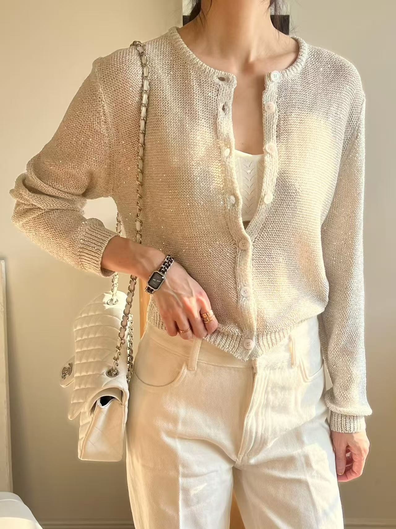 016 正韓柔光微閃耀亮片針織開衫