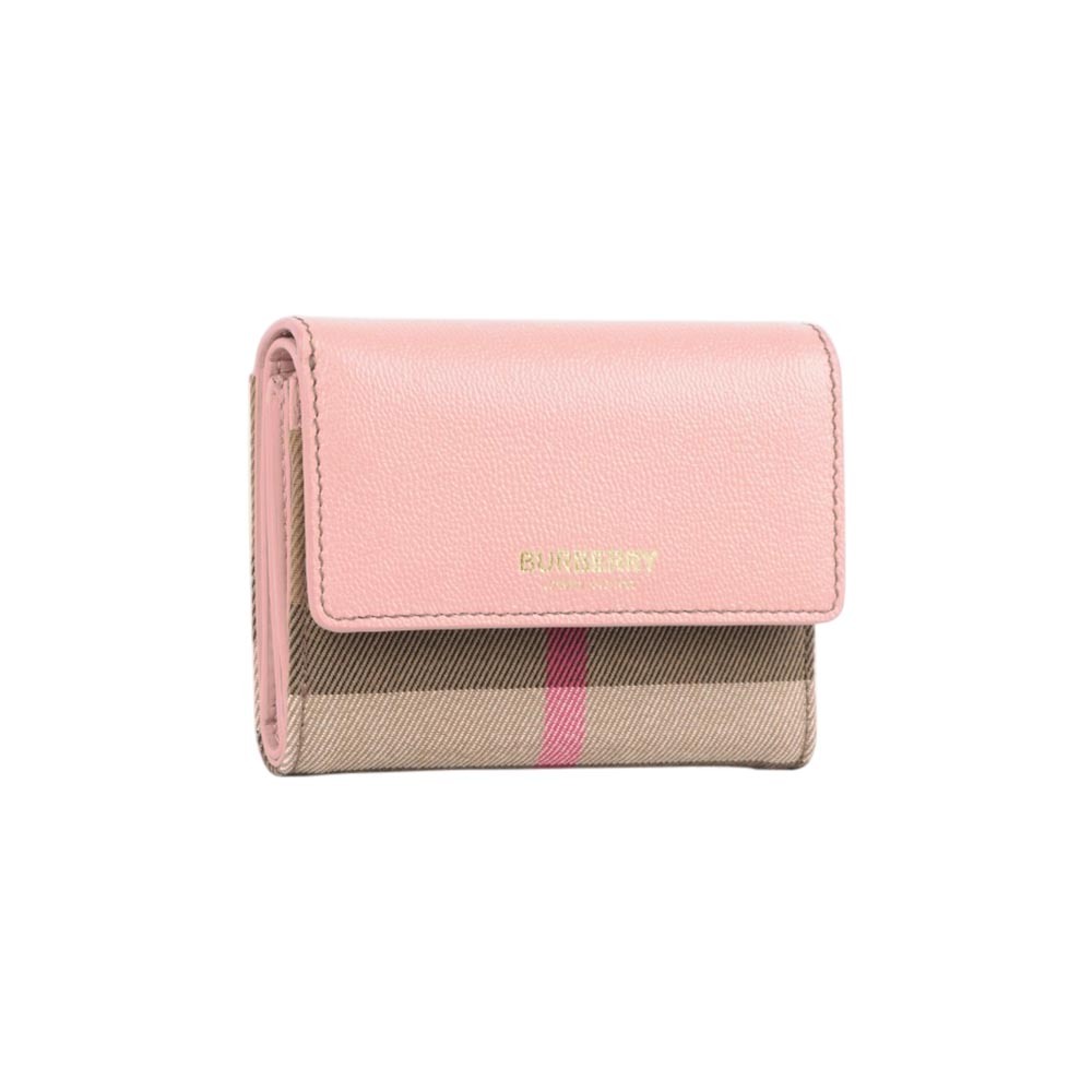 【Burberry】Lancaster 牛皮及帆布格紋三折短夾(灰粉色/棕色)