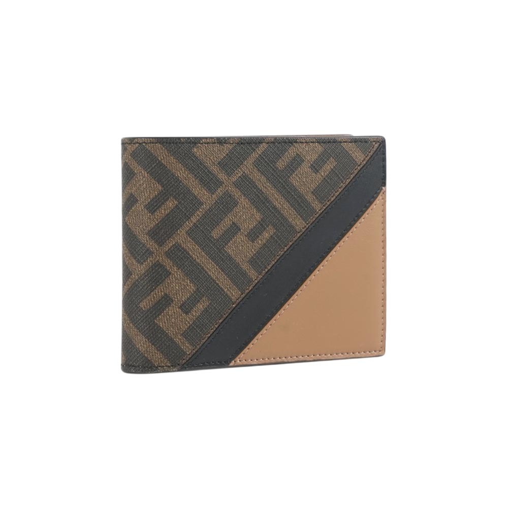 【Fendi】FF Logo 帆布及皮革對角設計零錢袋短夾(沙色)