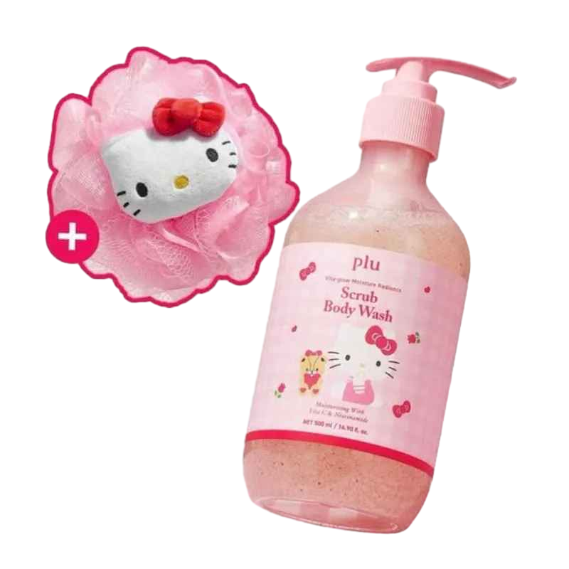【Plu】HELLO KITTY 維他命水潤磨砂去角質沐浴露-500ml #甜玫瑰(贈沐浴球) (效期：2028.10)  .