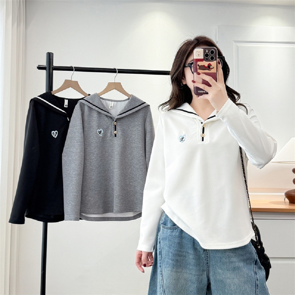 【ASister 小姊姊】AS2434#女裝｜中大尺碼上衣☆長袖海軍領愛心刺繡上衣(3色 XL-4XL 2601)