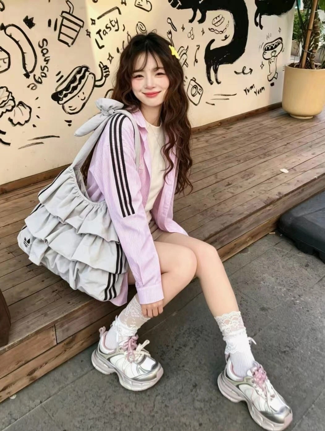 ADIDAS ORIGINALS 荷葉邊 綁帶 單肩包 雲朵灰