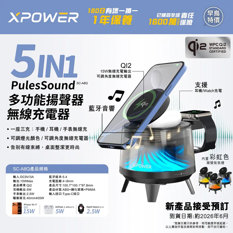 (早買限定優惠) XPOWER PulesSound 5IN1 PulesSound 多功能揚聲器+無線充電器 SC-A8Q