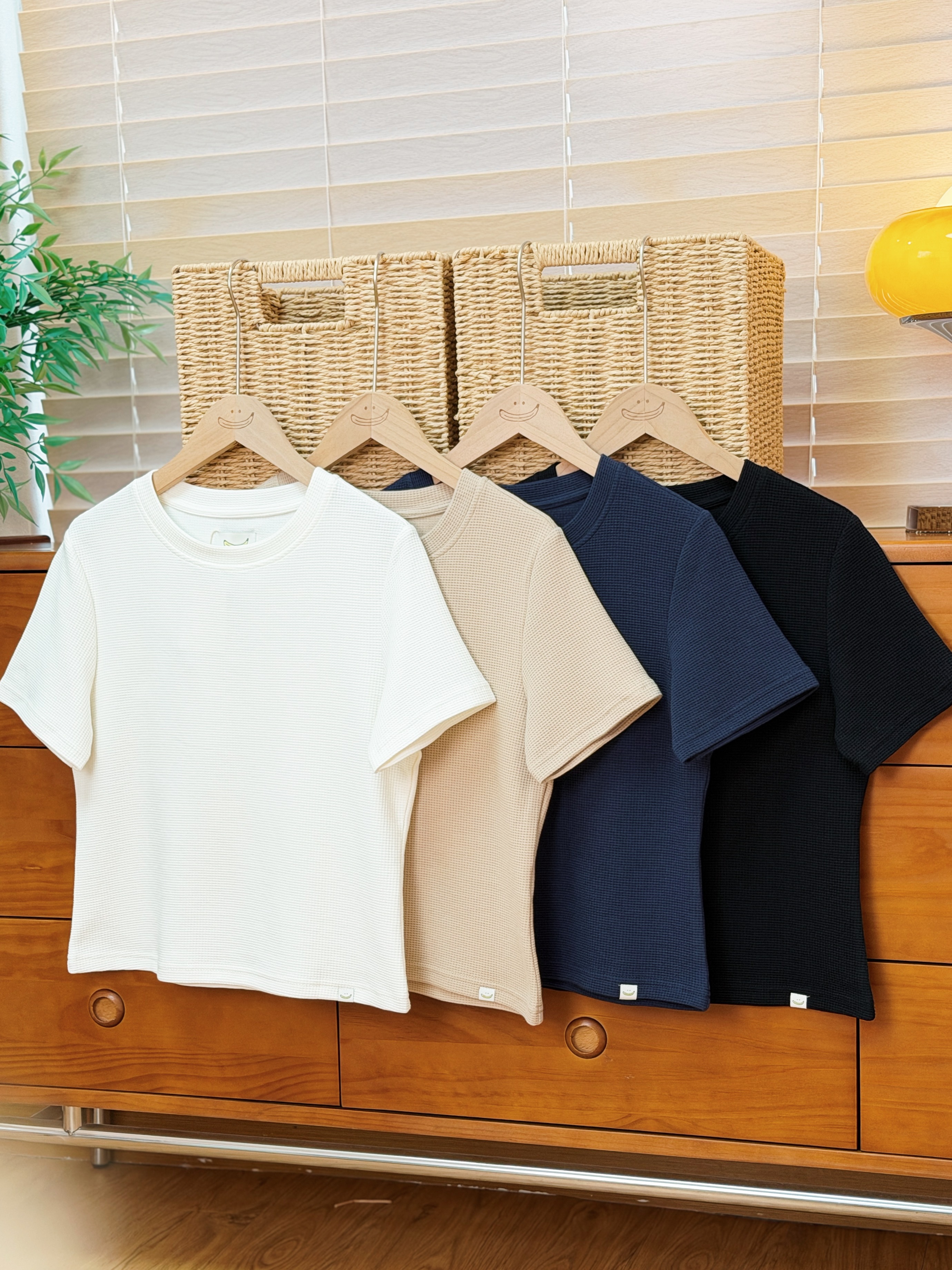 四色 / 窩夫格圓領短袖上衣 / Waffle Knit Crew Neck Top