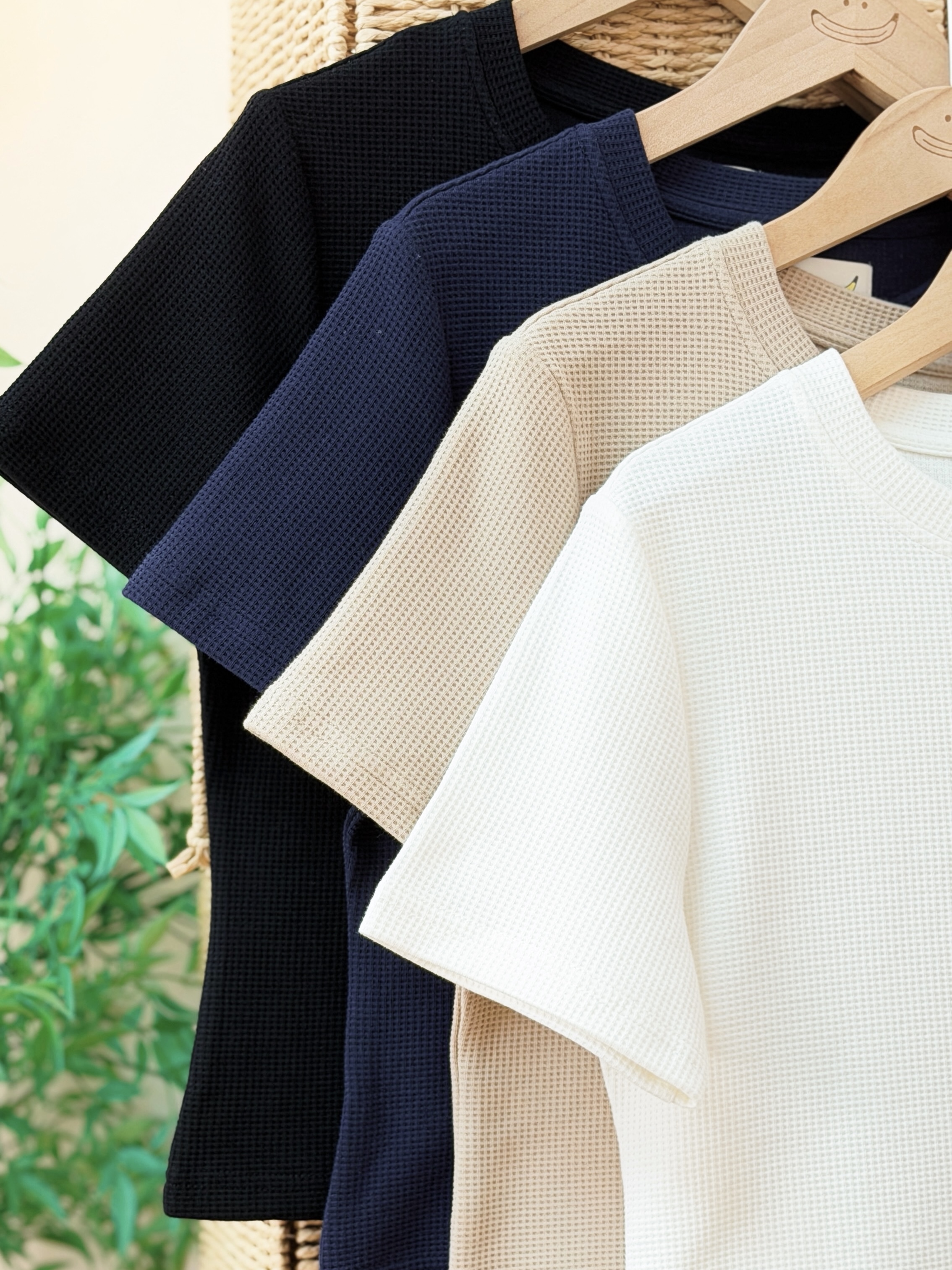 四色 / 窩夫格圓領短袖上衣 / Waffle Knit Crew Neck Top