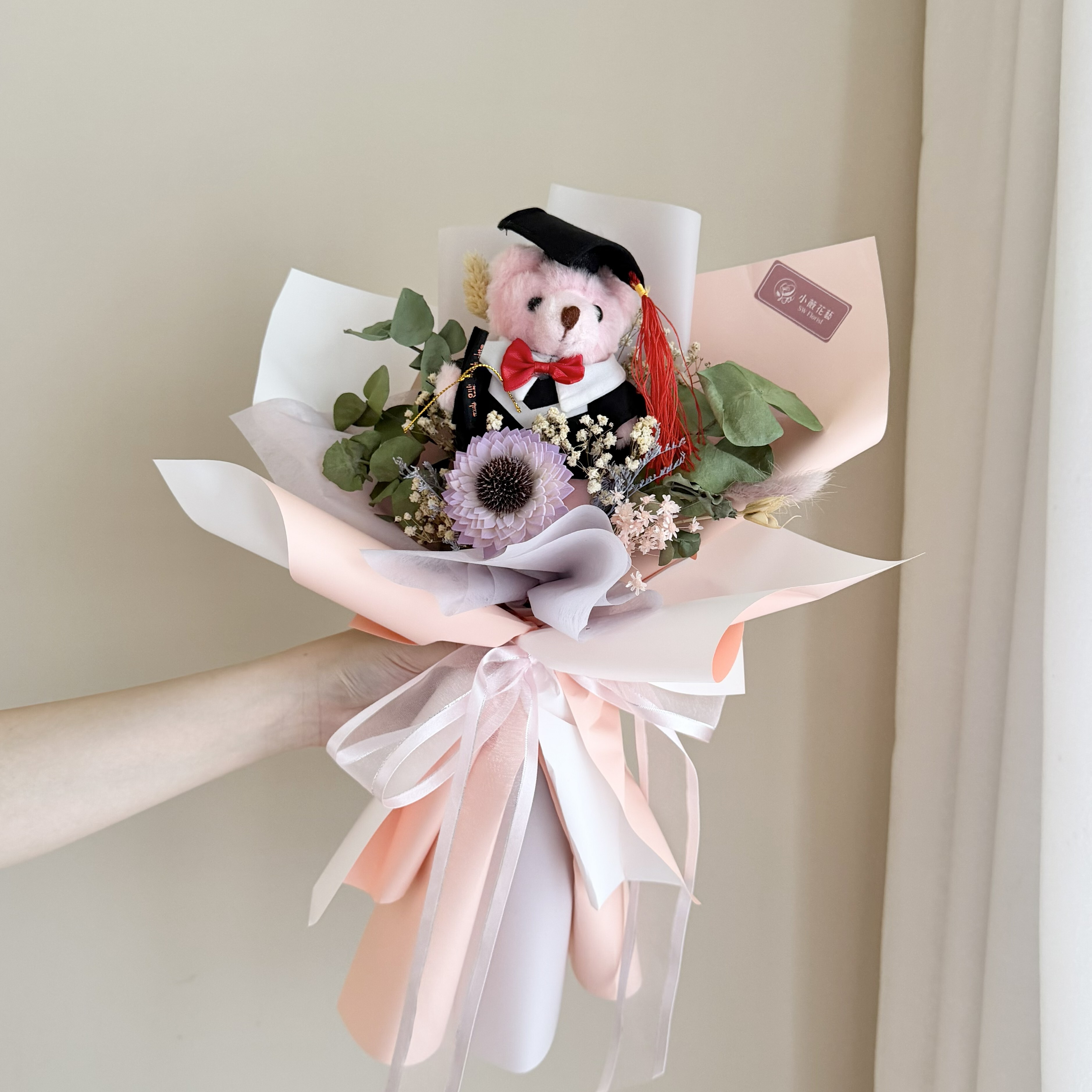 乾燥花束(粉色系/中型)【雙色包裝&畢業熊】｜畢業花束、索拉向日葵