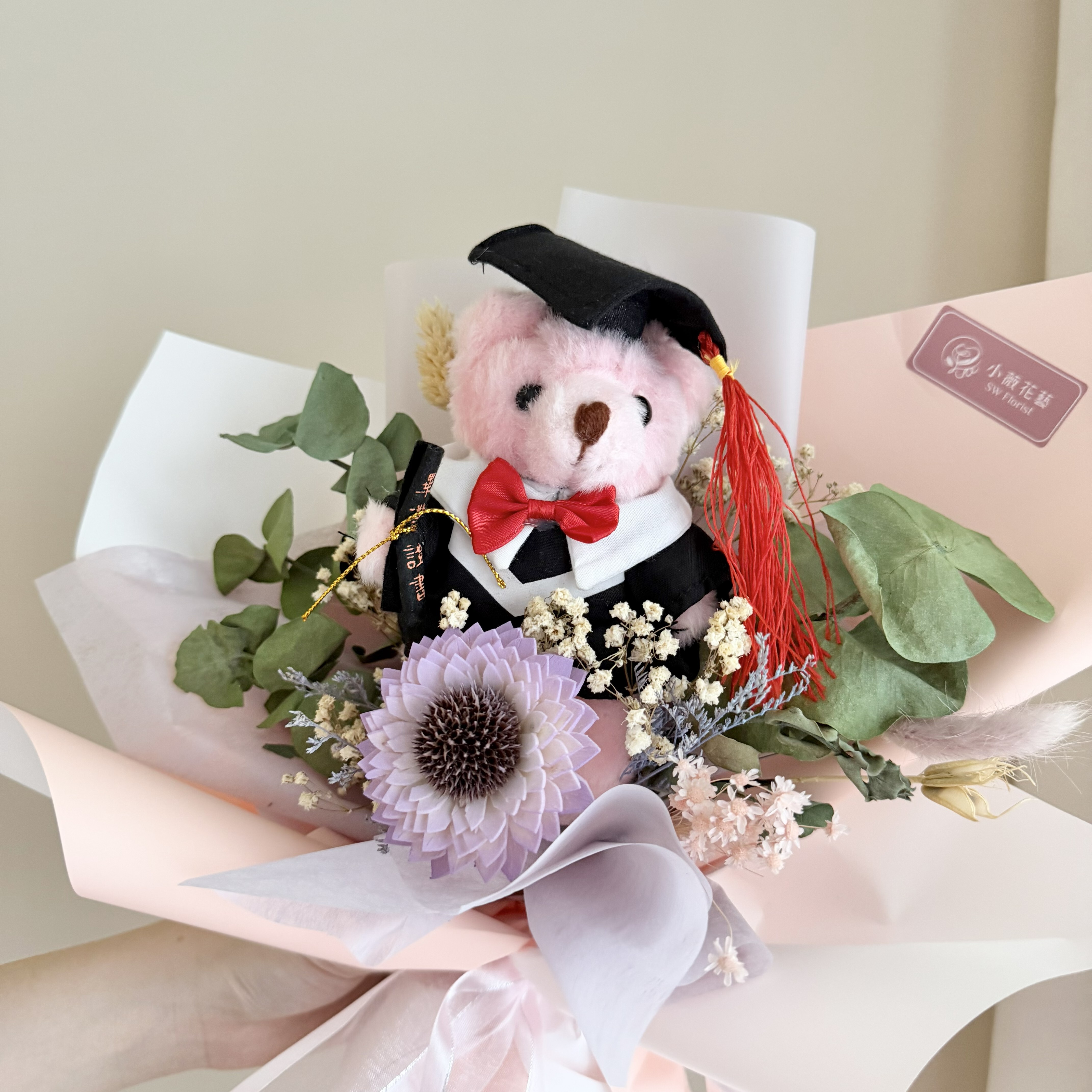 乾燥花束(粉色系/中型)【雙色包裝&畢業熊】｜畢業花束、索拉向日葵