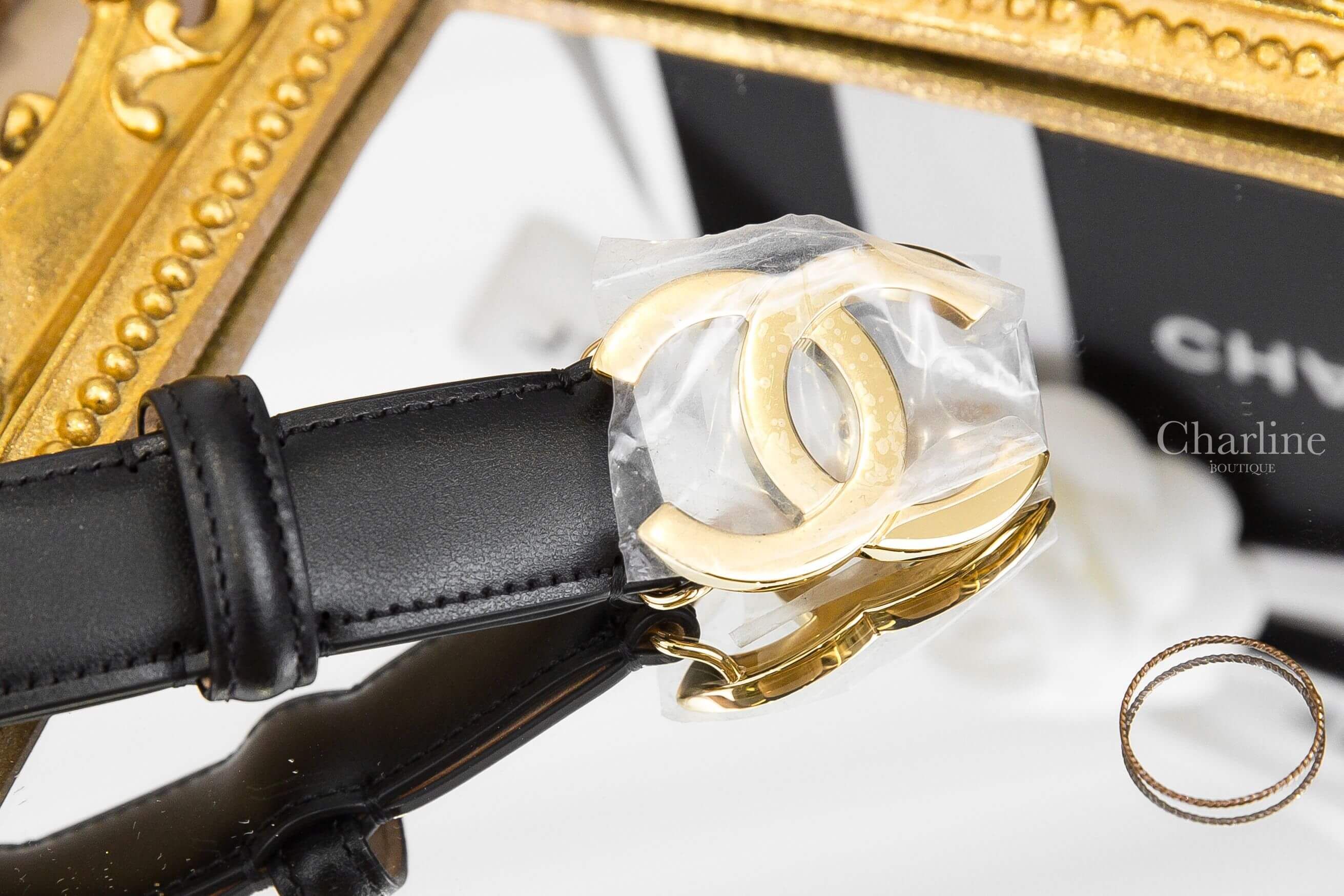 Chanel Belt 黑色金CC小牛皮皮帶