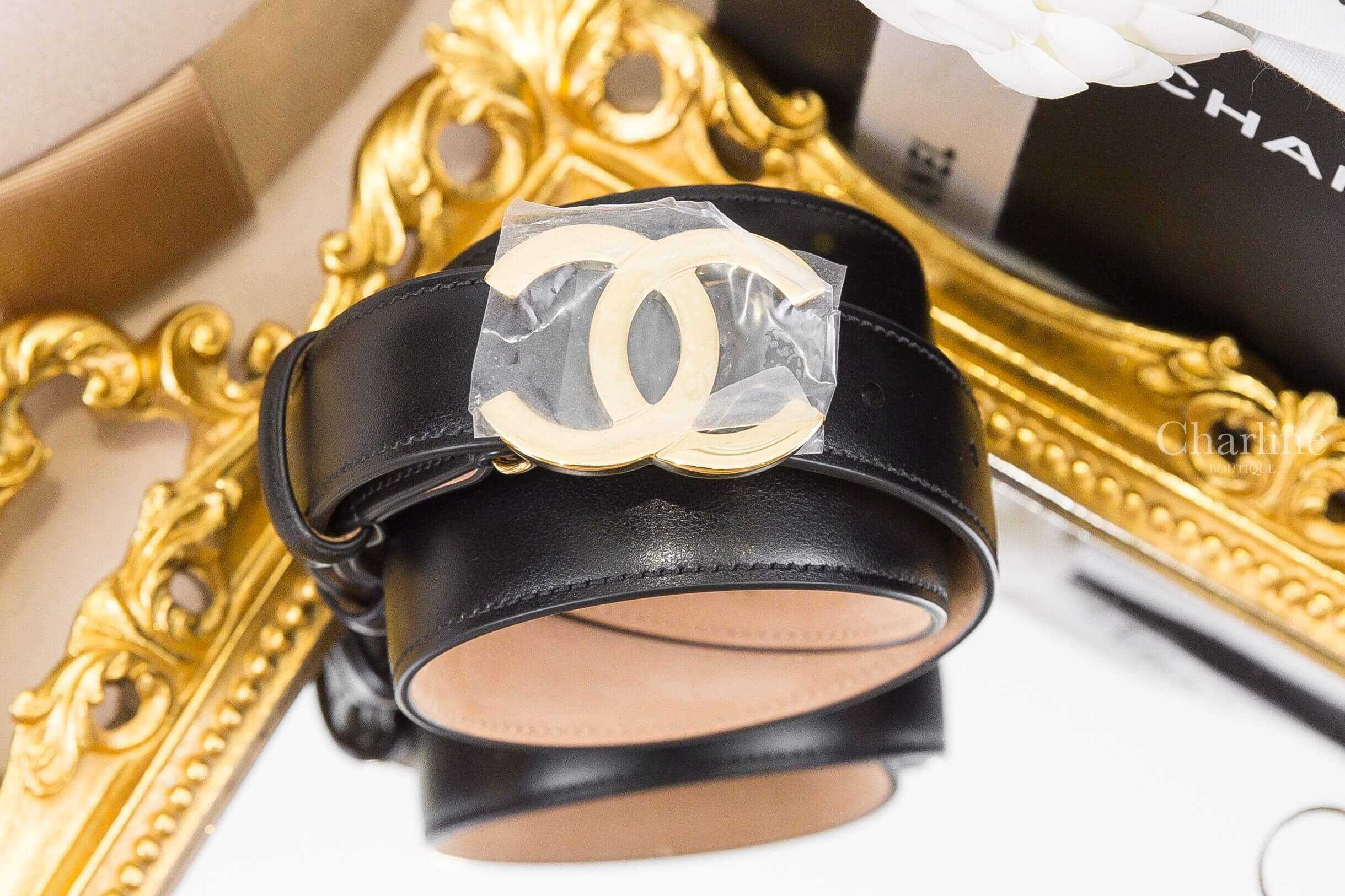 Chanel Belt 黑色金CC小牛皮皮帶