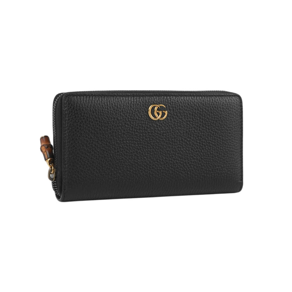 【GUCCI】Bamboo GG Logo 素面皮革及竹節拉鍊長夾(黑色)