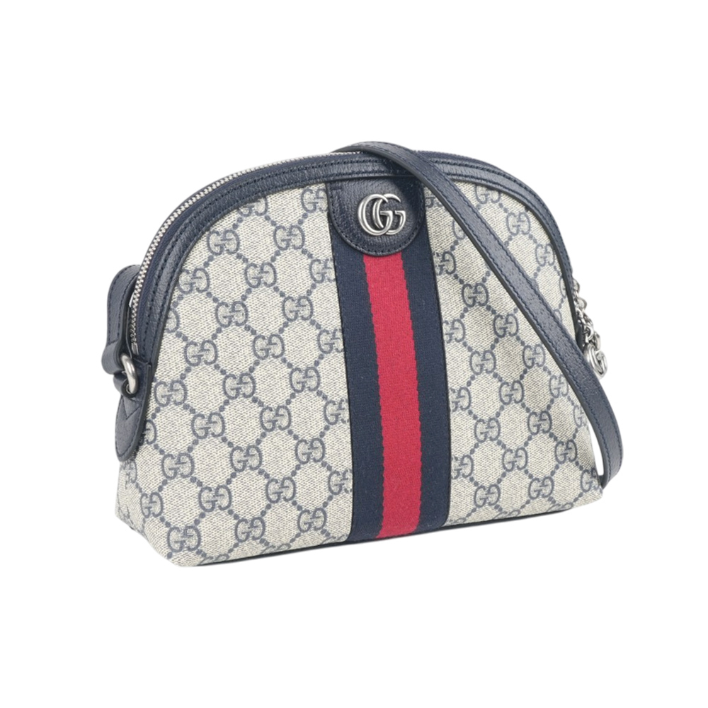 【GUCCI】GG Ophidia Supreme藍紅織帶貝殼包(黑藍色)