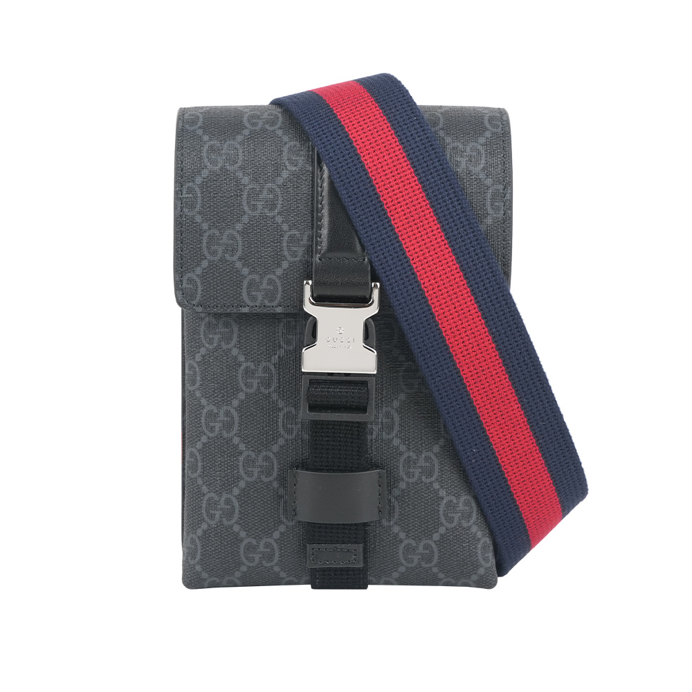 【GUCCI】GG Supreme 塗層帆布釦式迷你斜背包(黑灰色)