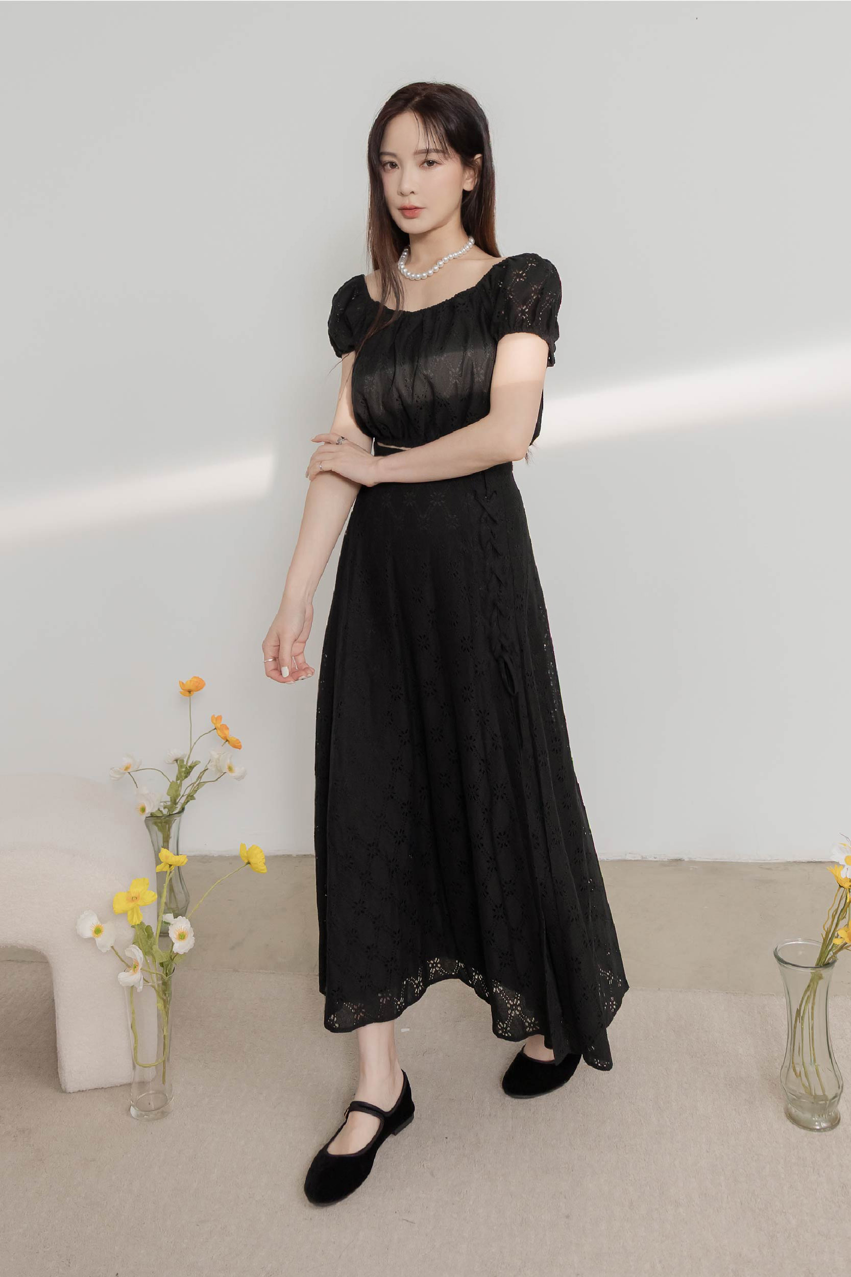 緹花公主袖裙襬開衩兩件式套裝