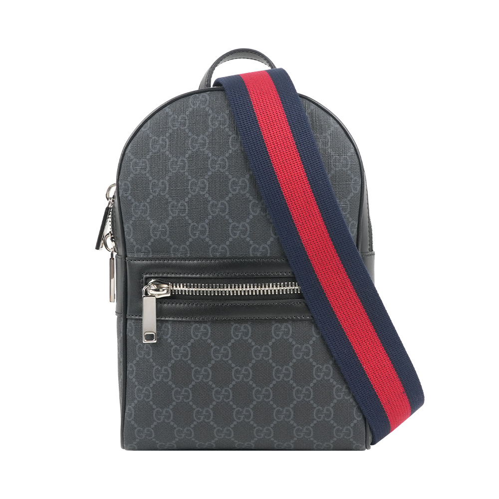 【GUCCI】GG 塗層帆布藍紅織帶口袋拉鏈胸口包(黑灰色)