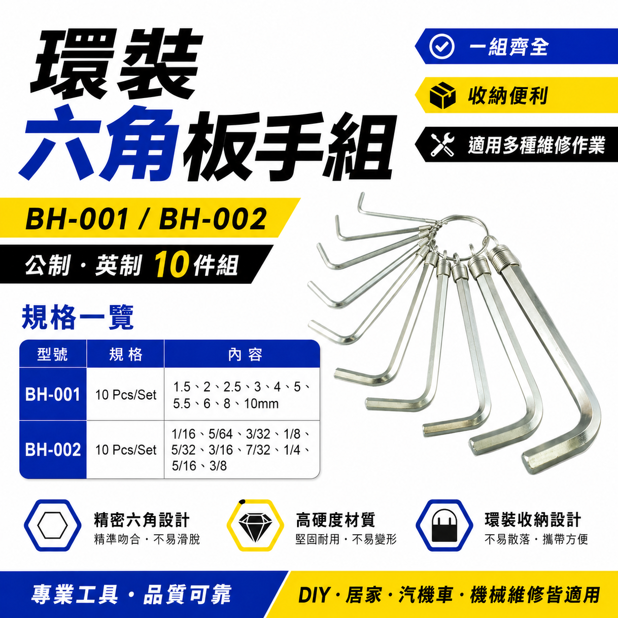 台灣製 黑手牌｜公制 英制 鑰匙圈環型六角板手 10支組｜L型六角板手組 鉻釩鋼｜BH-001｜BH-002