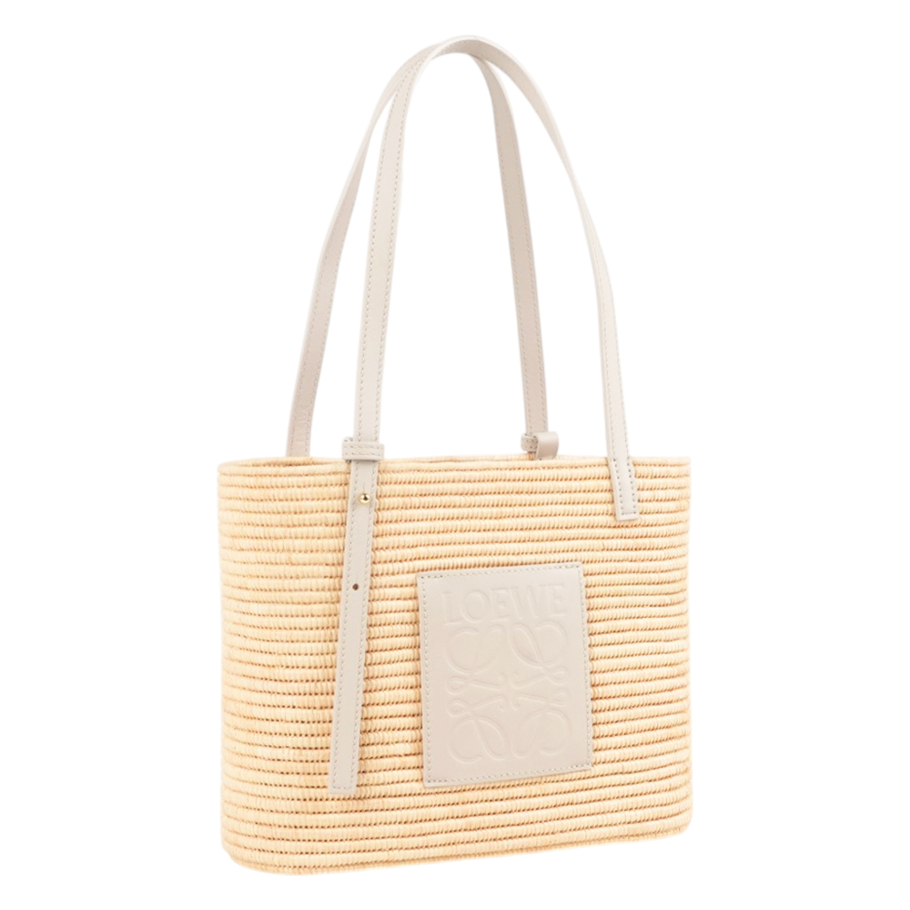 【LOEWE】Logo 小牛皮壓印及酒椰纖維小款方型肩背包/手提包(淺燕麥色)