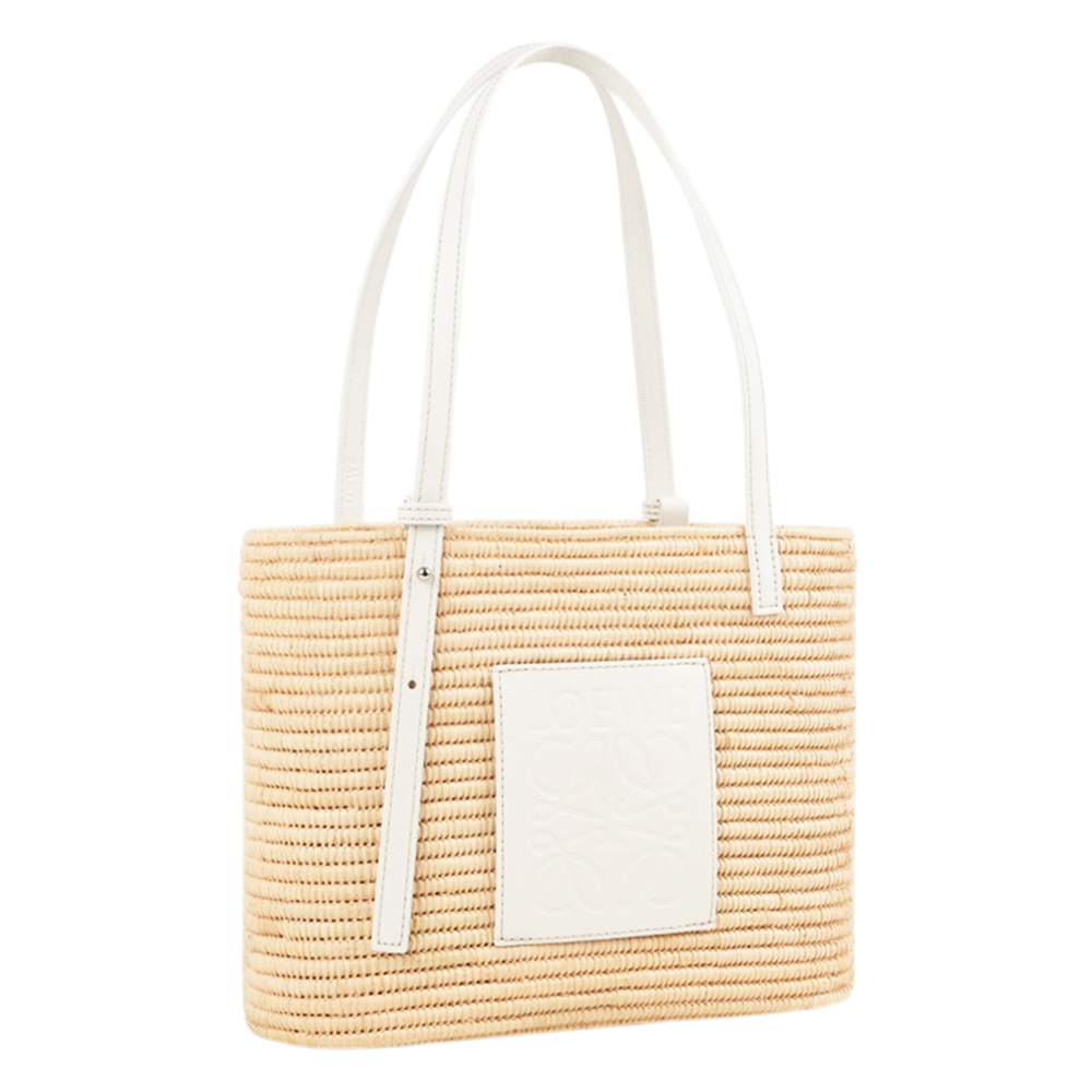 【LOEWE】Logo 小牛皮壓印及酒椰纖維小款方型肩背包/手提包(白色)