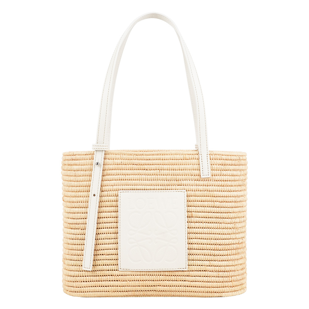 【LOEWE】Logo 小牛皮壓印及酒椰纖維小款方型肩背包/手提包(白色)