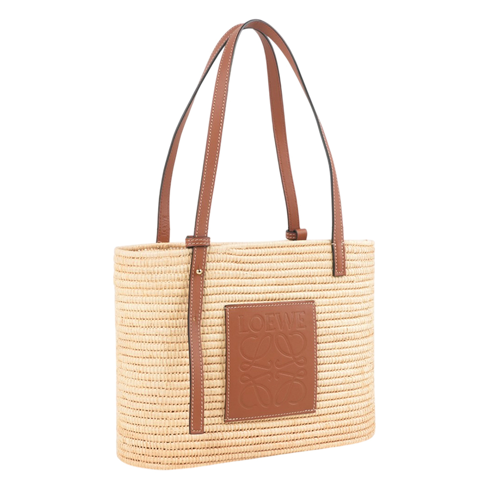 【LOEWE】Logo 小牛皮壓印及酒椰纖維小款方型肩背包/手提包(棕褐色)